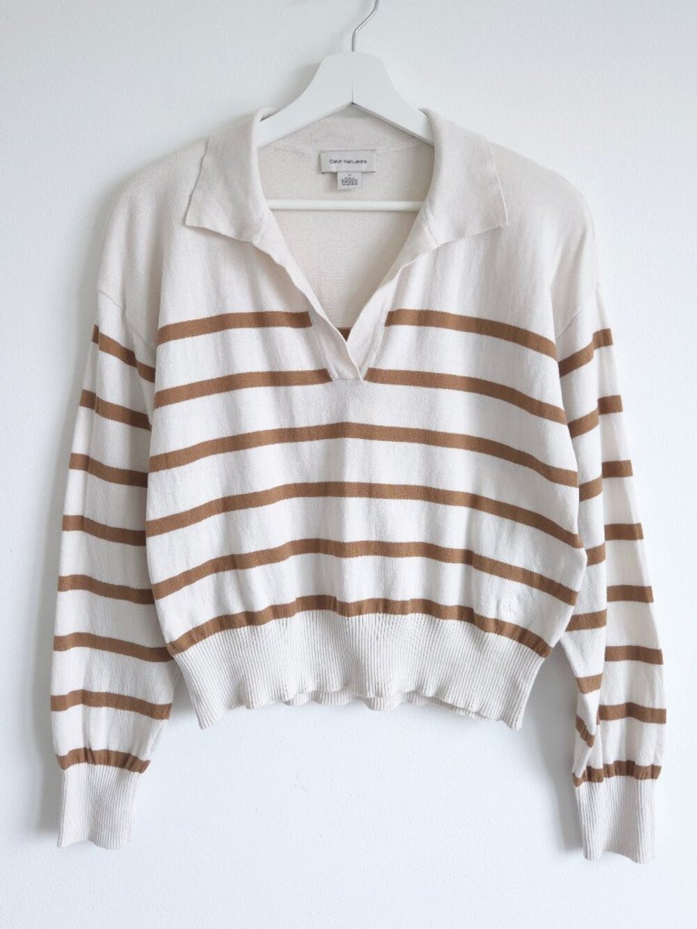 Calvin Klein Jeans Collared V Neck Striped Cotton Cropped Sweater - Picture 2 of 10